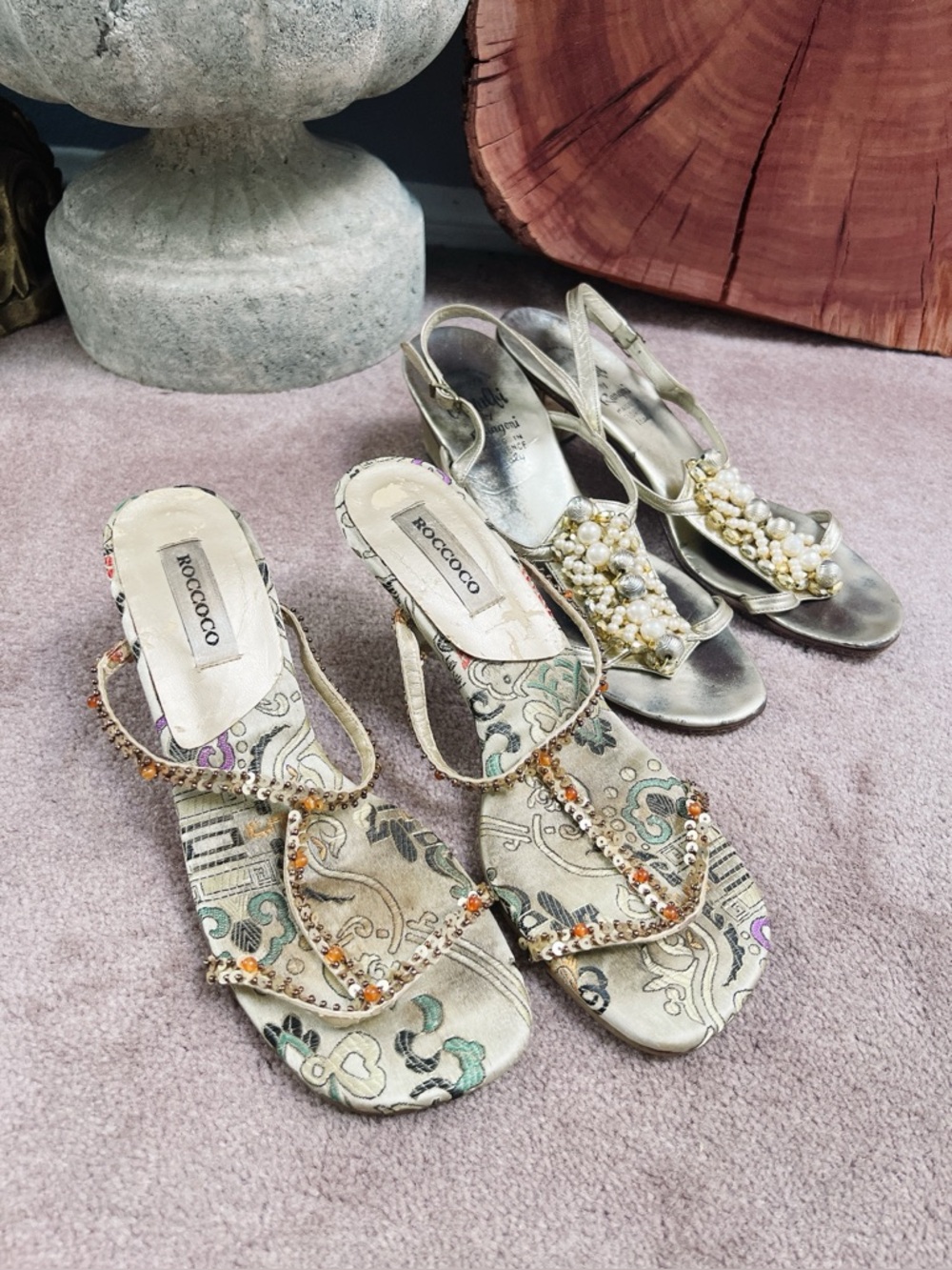 Two pairs of vintage Gold and Patterned Sandal Duo - Women's